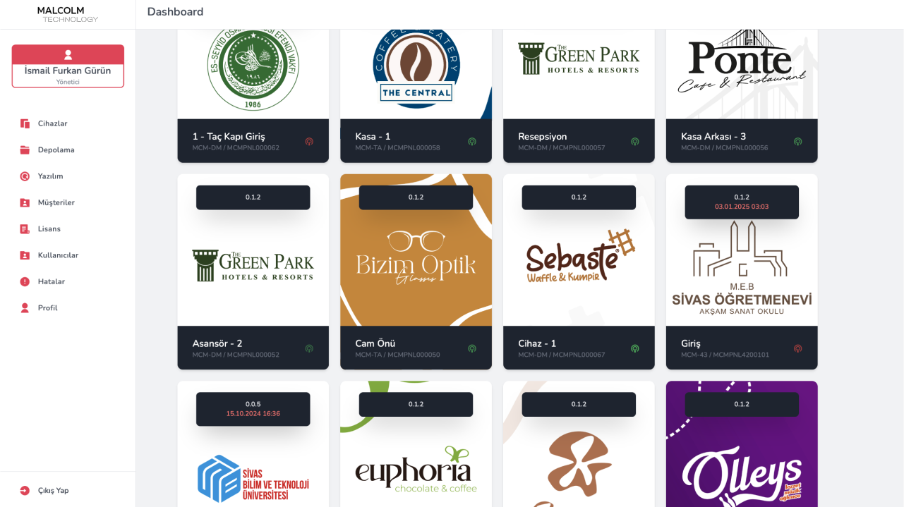 Malcolm Signage System yönetim paneli ekran görüntüsü